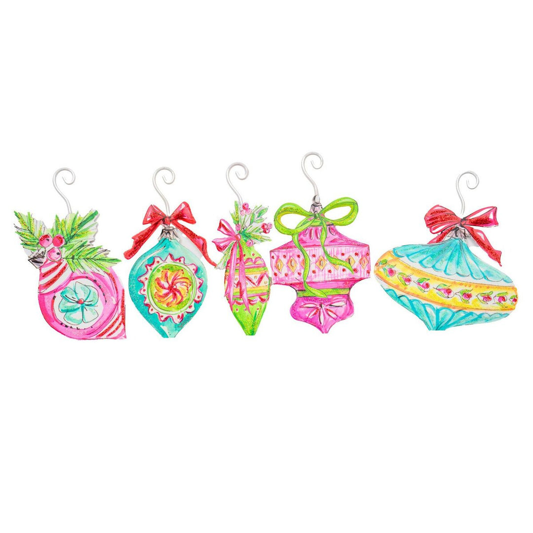 Five Beck’s Vintage Ornaments in five colorful, vintage-inspired painted styles with metal hanging hooks.