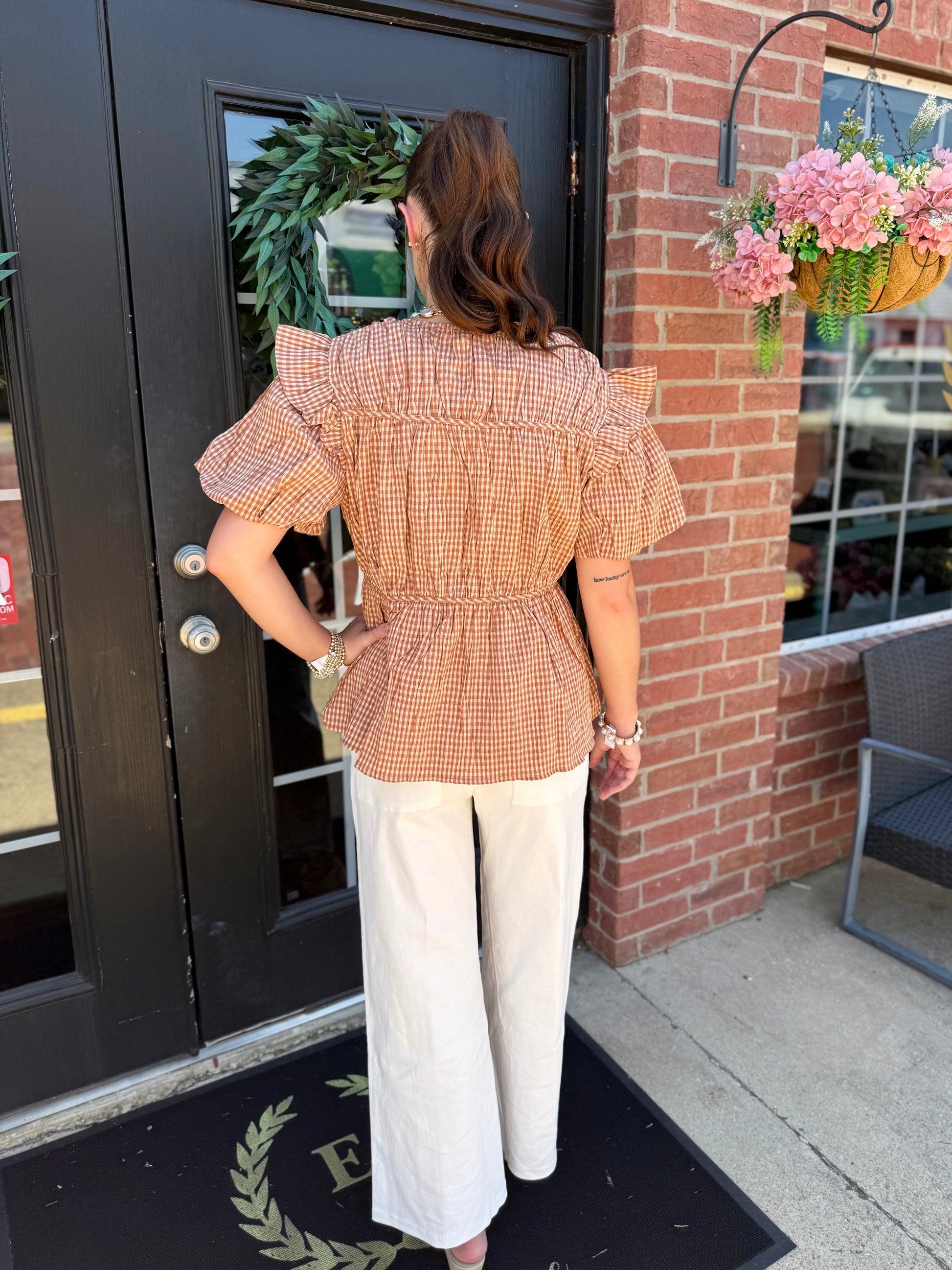 Gingham Tie Blouse with flutter sleeves, available in sizes XS-XL.