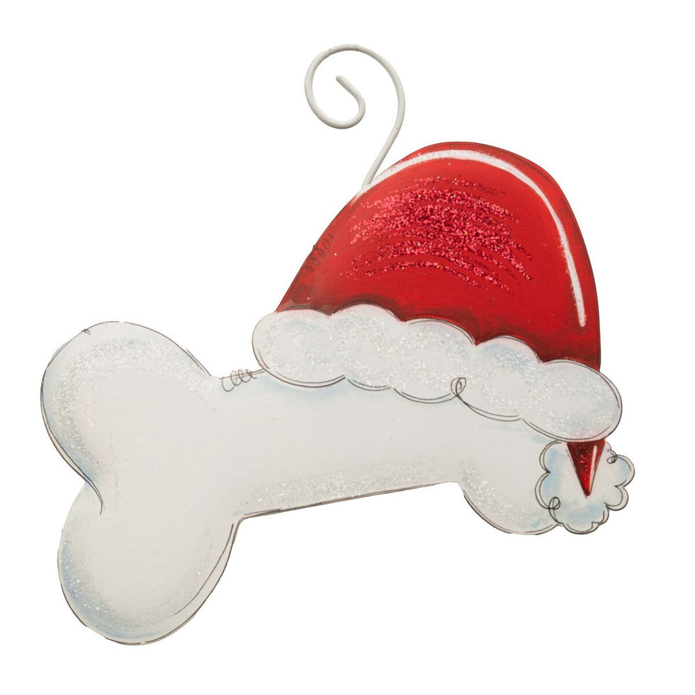Dog Bone Santa ornament with red hat and glittery white trim.
