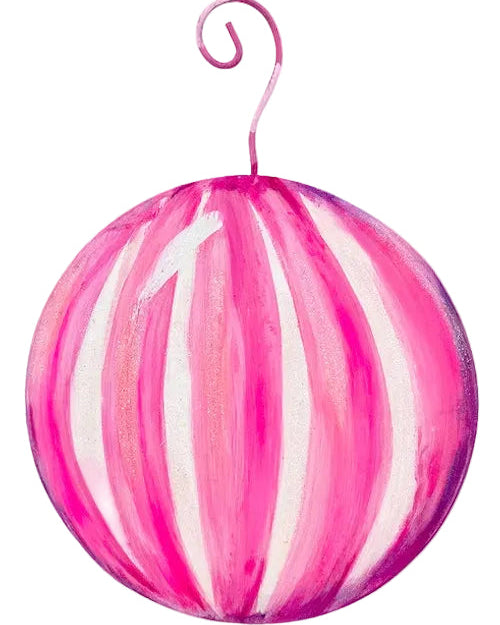 Pink Fanciful Ball Ornament, a pink and white striped spherical Christmas ornament with a metal hanging hook.