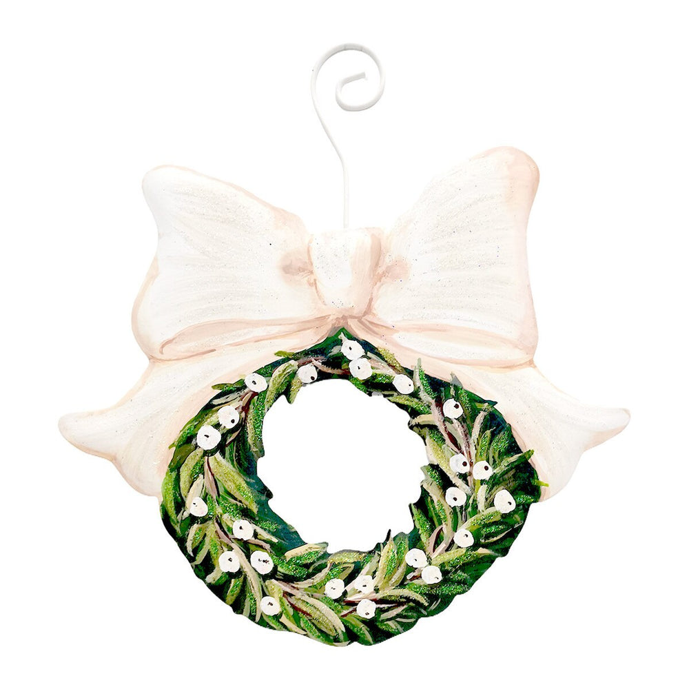 Elegant White Berry Wreath Ornament with green foliage, white berries, a white bow, and a metal wire hook.