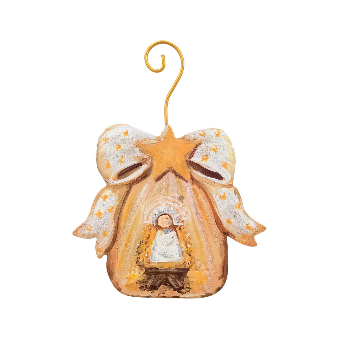 Gold Bow Manger &amp; Baby Jesus Ornament with manger scene, gold star, and decorative bow.