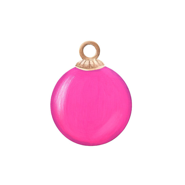 Bright pink round tree ornament magnet with gold cap and hanging loop.