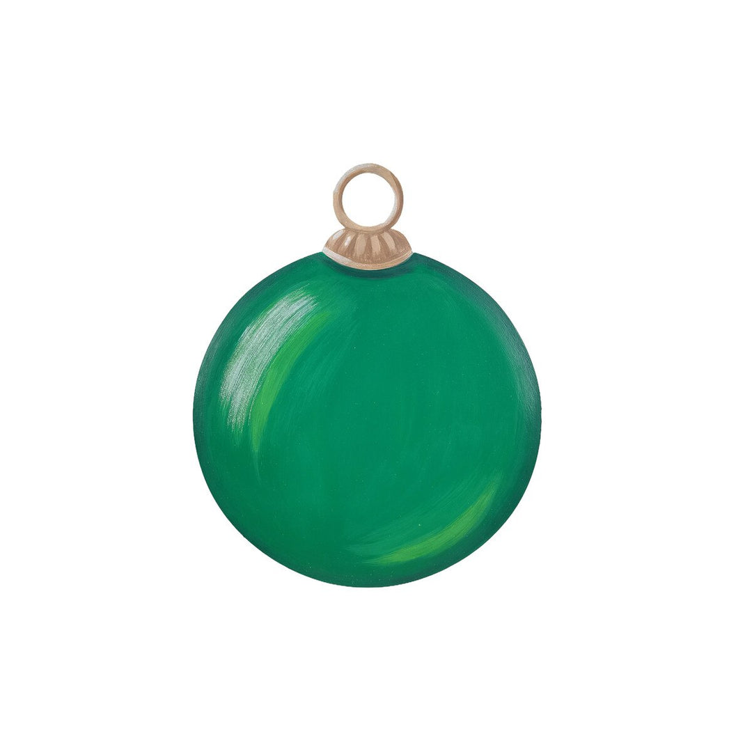 Green round tree ornament magnet with a gold-colored hanging loop.