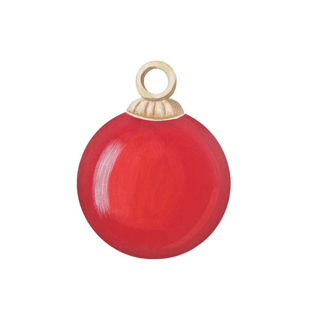 Red round tree ornament magnet with metallic cap and loop.
