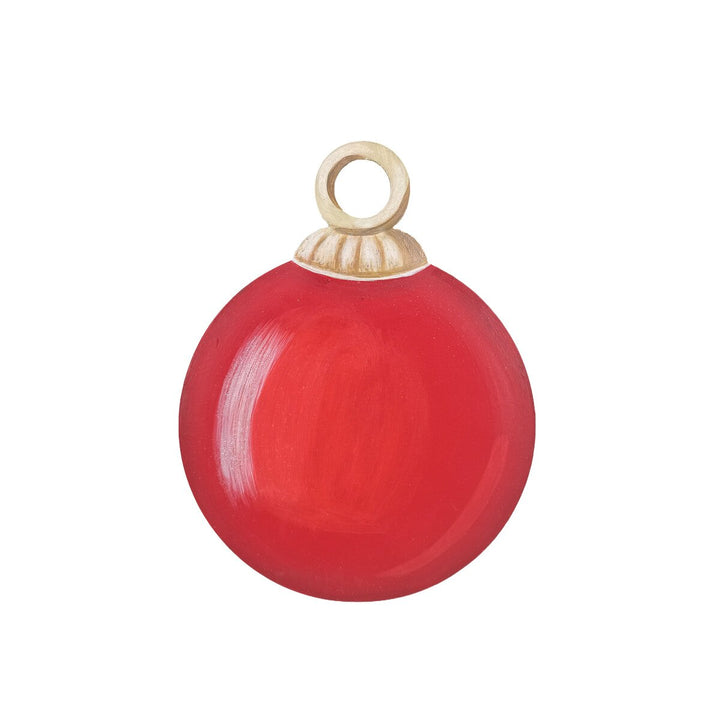 Red round tree ornament magnet with metallic cap and loop.