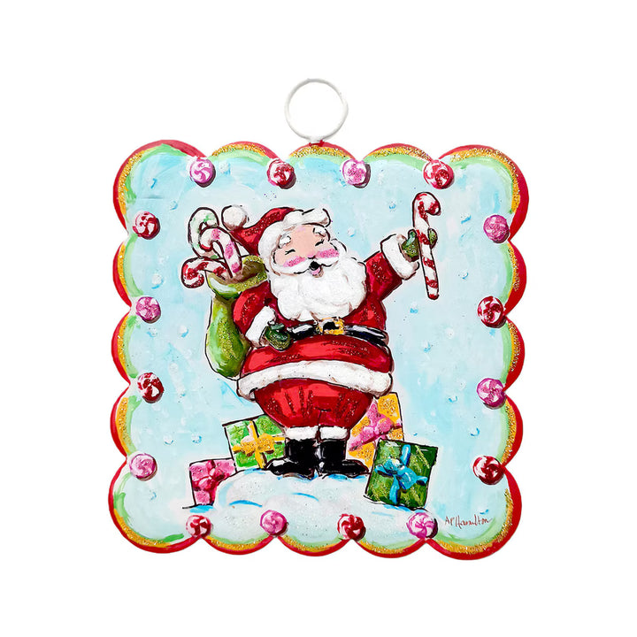 Mini Scallop Art Belly Laugh Santa with Gifts square hanging ornament with a scalloped edge.