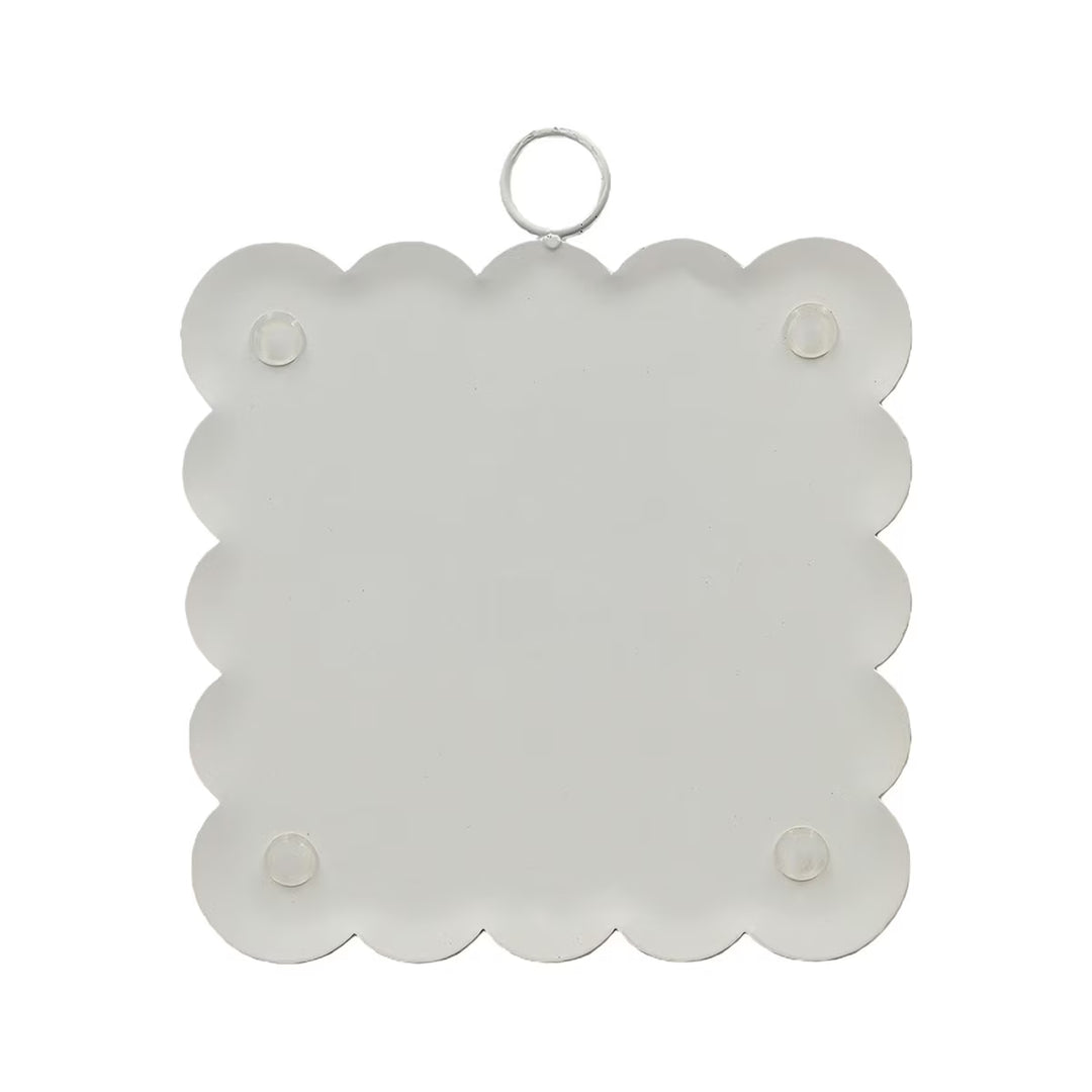 Mini Scallop Art Belly Laugh Santa with Gifts square wall plaque with scalloped edge, hanging ring, and festive artwork.