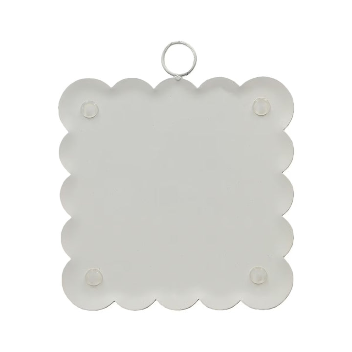 Mini Scallop Art Belly Laugh Santa with Gifts square wall plaque with scalloped edge, hanging ring, and festive artwork.