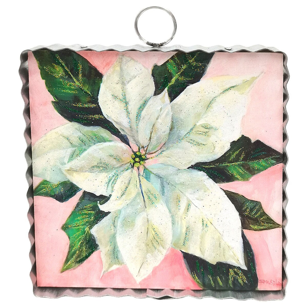 Mini Gallery Art White Poinsettia square metal-rimmed wall art featuring a painted white poinsettia.