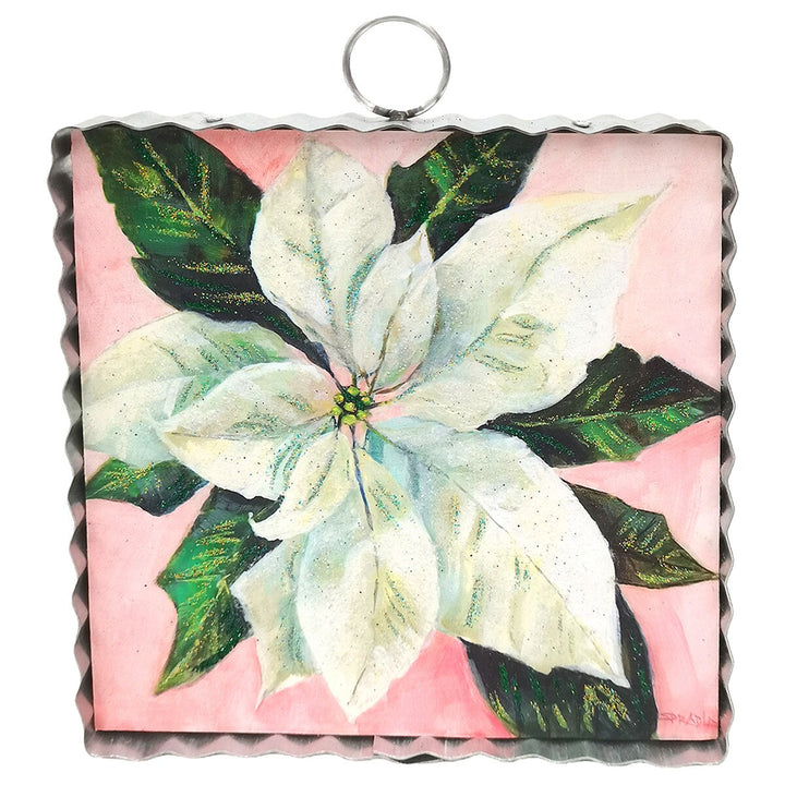 Mini Gallery Art White Poinsettia square metal-rimmed wall art featuring a painted white poinsettia.