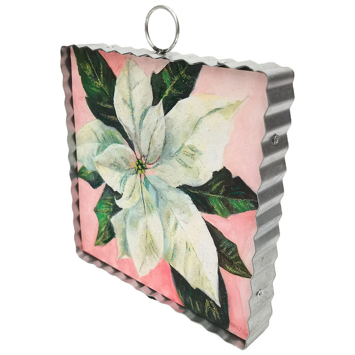 Mini Gallery Art White Poinsettia square decor, painted white poinsettia on pink, corrugated metal frame with hanging ring. Available in square.