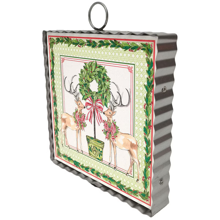 Mini Gallery Art Traditional Tidings Deer &amp; Topiary in a square corrugated metal frame.