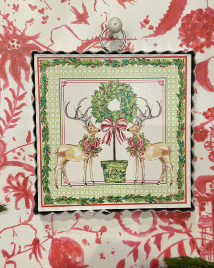 Mini Gallery Art Traditional Tidings Deer &amp; Topiary square wall art, featuring two deer and a potted topiary wreath. Available in square.