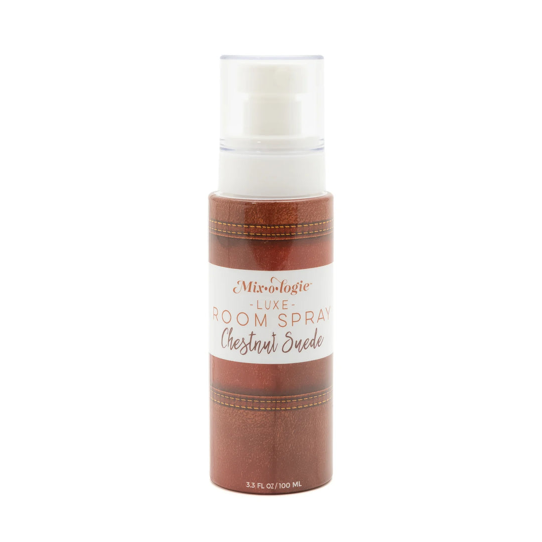 Mix O Logie Room Spray Chestnut Suede, 3.3 fl oz (100 ml), brown label, white text, white spray cap.