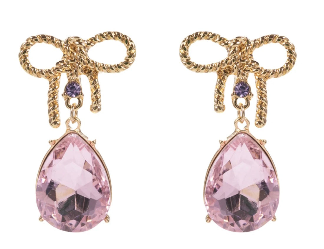 Gold Bow Teardrop Earrings with gold bows, small purple gems, and large pink teardrop gemstones. Available in small, medium, and large sizes.