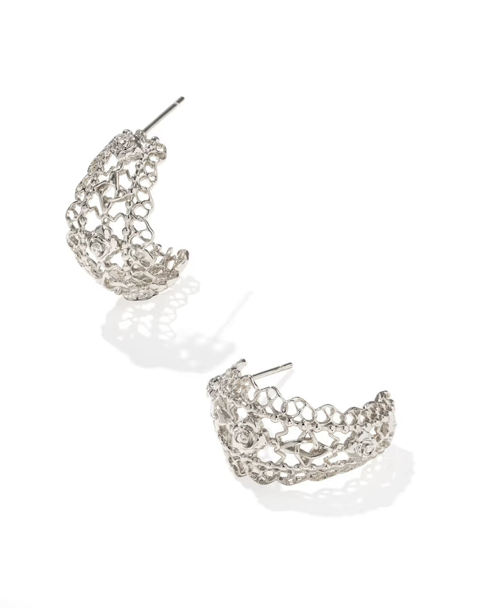 Krista Lace Gold Huggie Earrings by Kendra Scott with lace-inspired detail; available in standard and small sizes.
