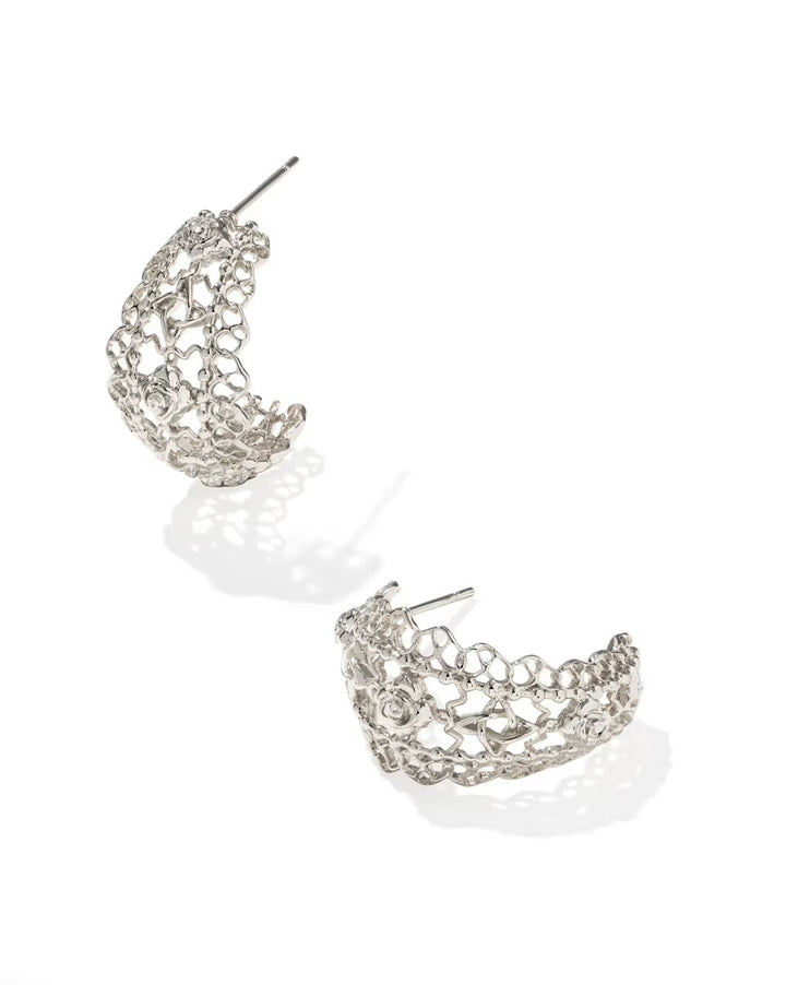 Krista Lace Gold Huggie Earrings by Kendra Scott with lace-inspired detail; available in standard and small sizes.