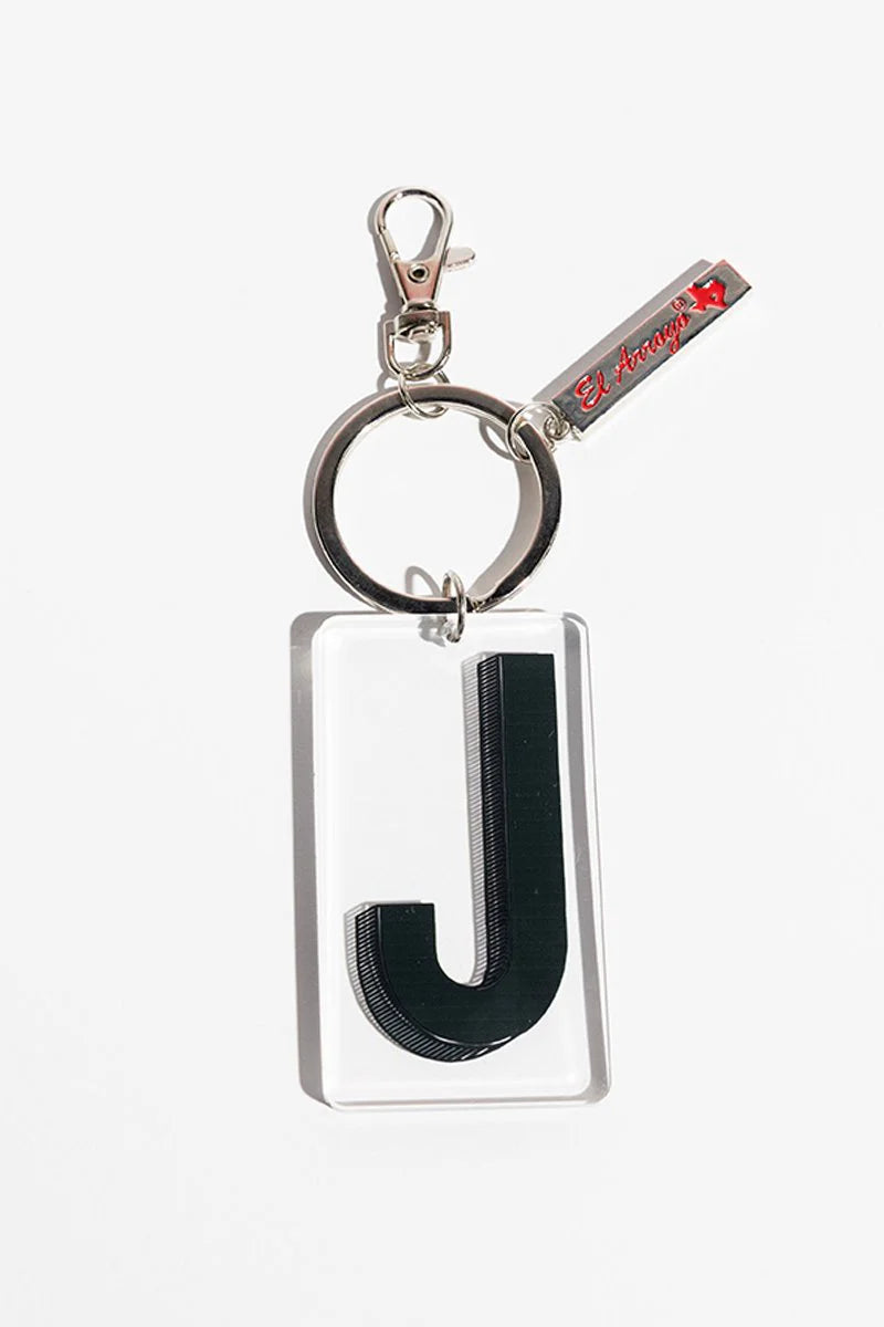 Clear acrylic "J" keychain with metal ring, clasp, and red "Ed Hardy" tag. Sizes: one size.