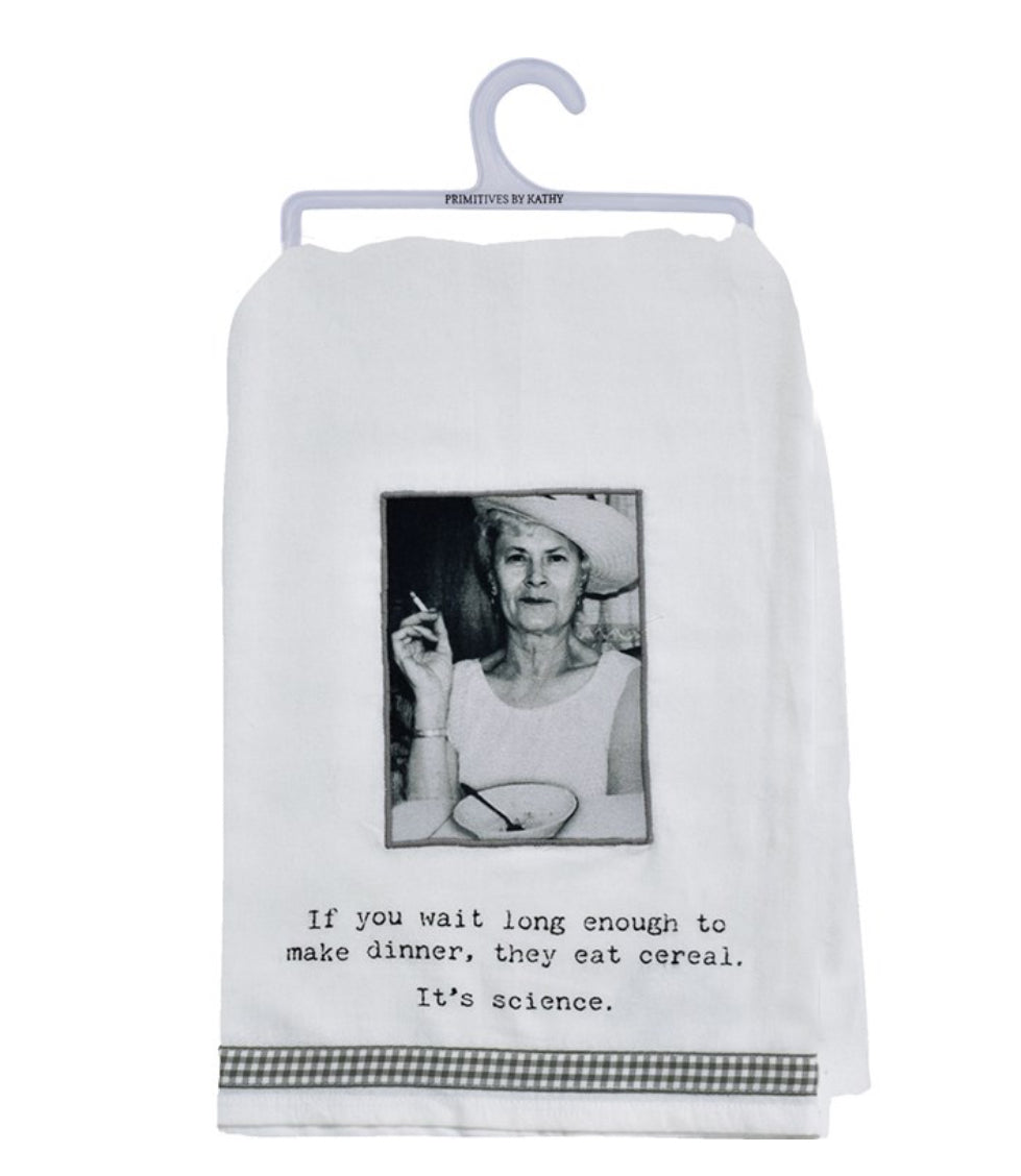 Cotton kitchen towel with vintage photo and witty text. Includes hanger. Sizes available: standard.
