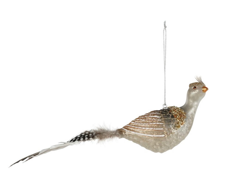 Mercury Glass Bird Ornament with a textured metallic body, gold beads, and patterned tail feathers.