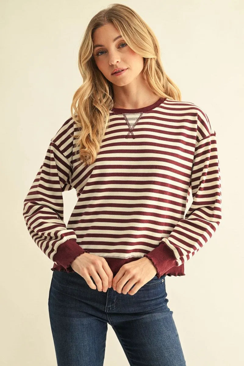 Burgundy Striped Sweatshirt, available in sizes XS-XL.
