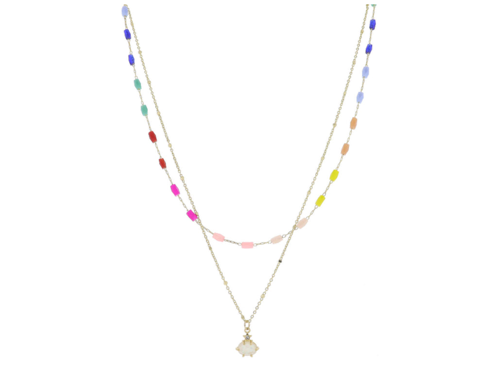 15 inch up to 17 inch two strand multi faucet beaded chain, gold chain and star with opal necklace .35 inches pendant. The colors include yellow pill, pink, peach, purple, hot, pink turquoise blue with a pendant being gold.