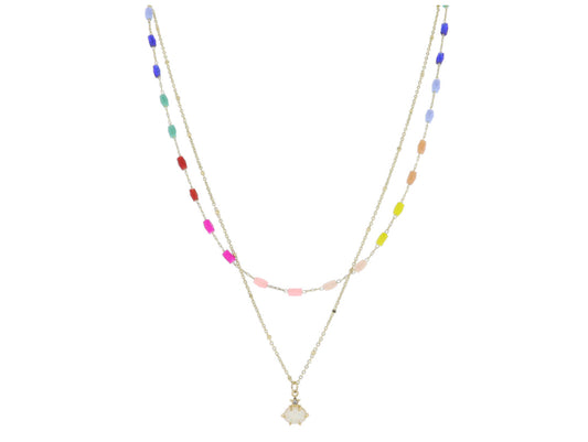 15 inch up to 17 inch two strand multi faucet beaded chain, gold chain and star with opal necklace .35 inches pendant. The colors include yellow pill, pink, peach, purple, hot, pink turquoise blue with a pendant being gold.