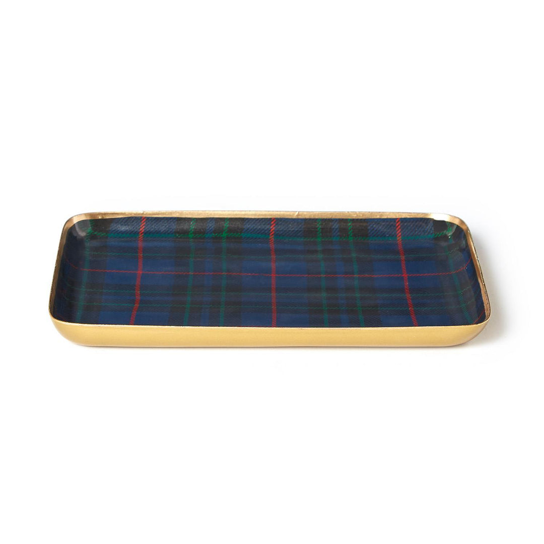 Rectangular tartan metal tray with blue, green, and red pattern and metallic rim.