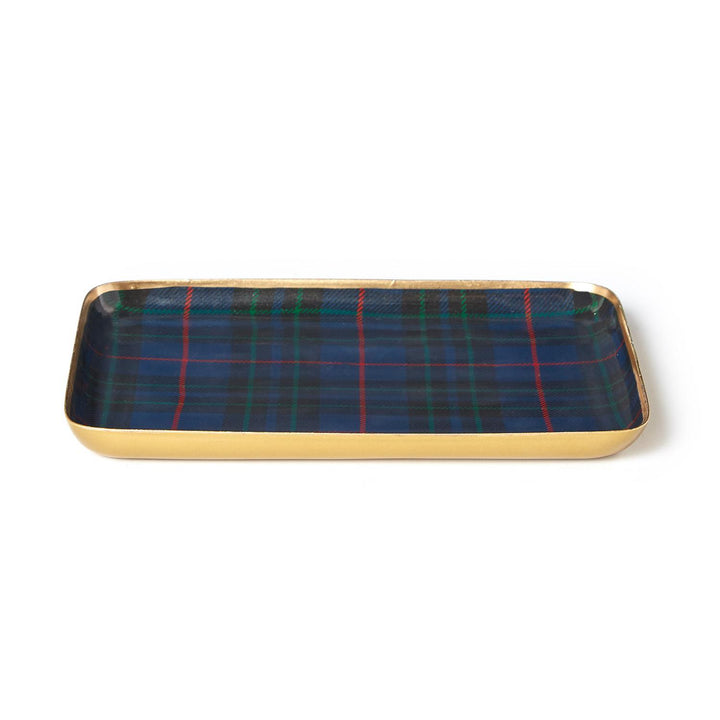 Rectangular tartan metal tray with blue, green, and red pattern and metallic rim.