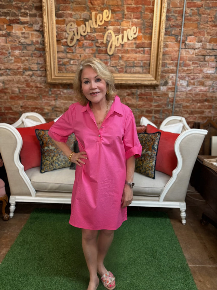 Pearl Button Pink Shift Dress with front button detail. Available in sizes XS–XL.
