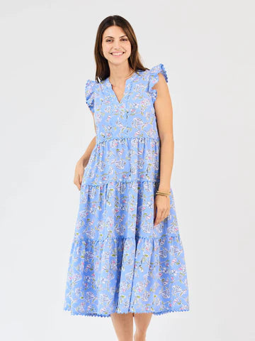 Kari Pretty Petals Dress: light blue floral, sleeveless, tiered midi with ruffled shoulders. Available in sizes XS–XL.