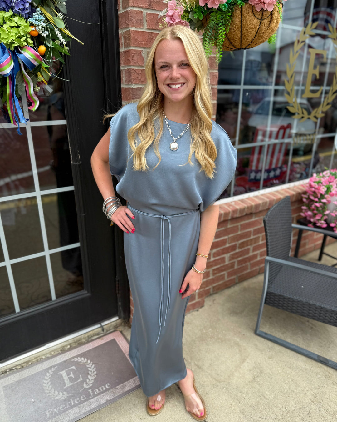 Slate Blue Satin Tie-Waist Midi Dress, available in sizes XS–XL.