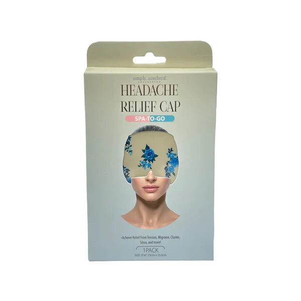 Box of "Headache Relief Cap" by SPA-TO-GO, for headache, migraine, tension, sinus relief. Available in S/M and L/XL sizes.