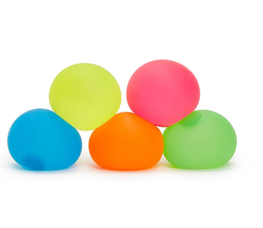 A set of five Blob Squishy Balls available in vibrant colors of blue, green, orange, pink, and yellow. These stress-relieving toys are soft to touch and easy to squeeze. The squishy balls come in a standard size suitable for both adults and kids.