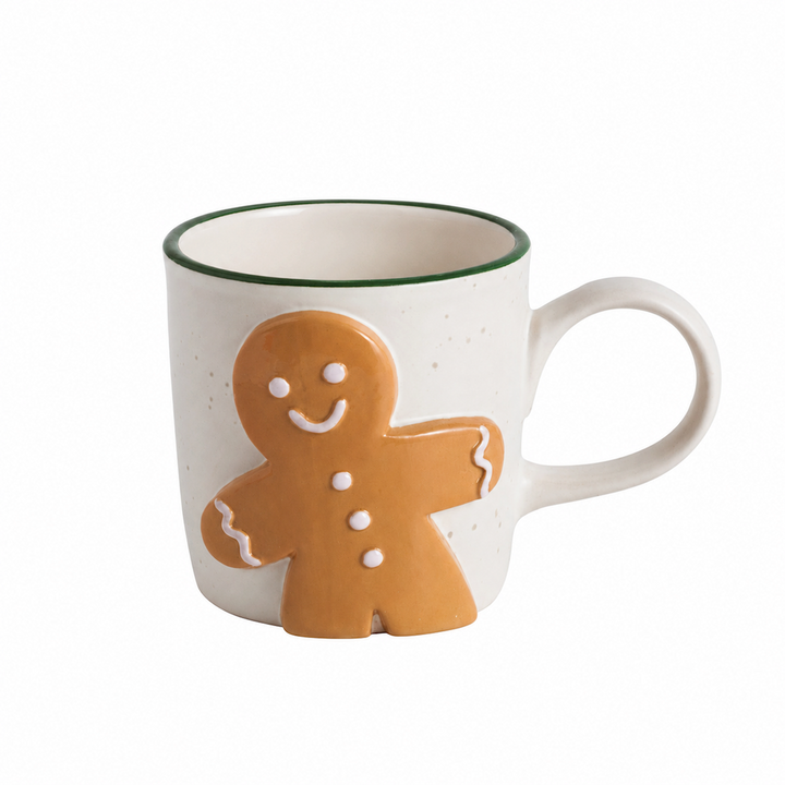 Off-white Holiday Stoneware Mug with green rim and raised gingerbread man.