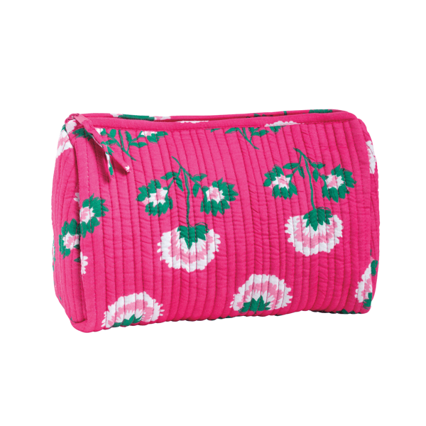 Pink quilted cotton pouch with zipper, white and green floral print. Peony Block Print Case. Available in multiple sizes.