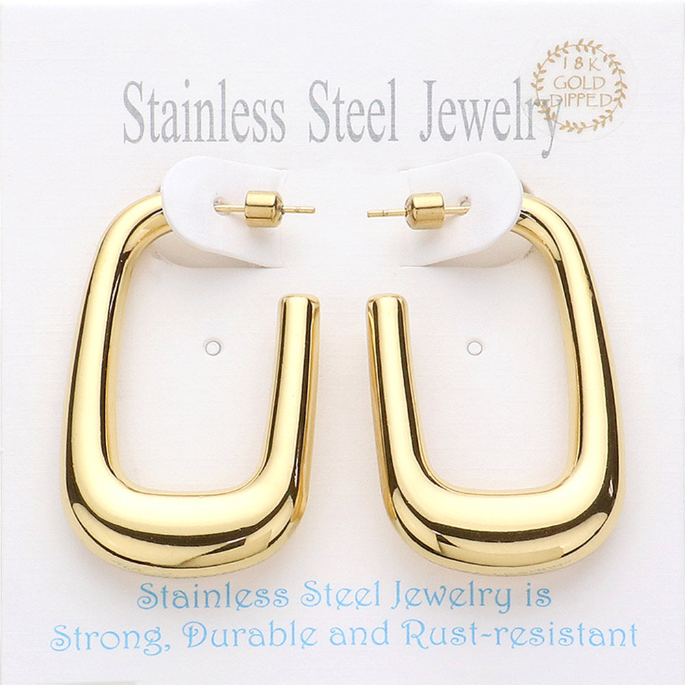 Gold-finished 18K gold-dipped stainless steel rectangle hoop earrings. Sizes: Small, Medium, Large.