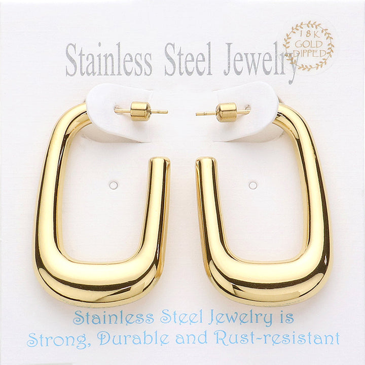 Gold-finished 18K gold-dipped stainless steel rectangle hoop earrings. Sizes: Small, Medium, Large.
