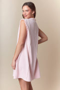 Gillian Pink Terry Dress: loose, sleeveless A-line style. Available in sizes XS–XL.
