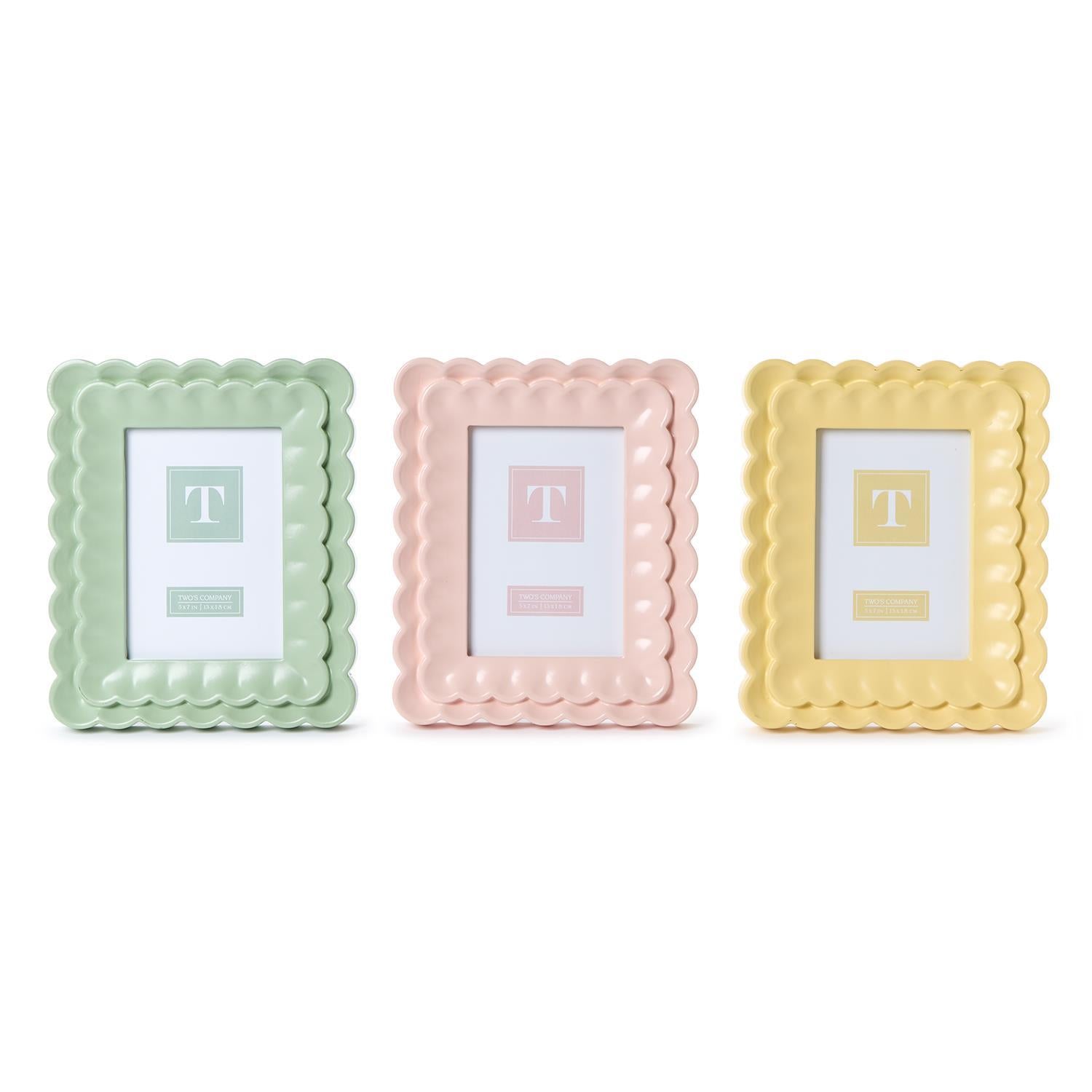 Scalloped wood frames, 5x7, pastel green, pink, yellow, wavy borders; each displays a centered "T". Sizes: 5x7 inches.