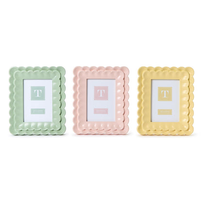 Scalloped wood frames, 5x7, pastel green, pink, yellow, wavy borders; each displays a centered "T". Sizes: 5x7 inches.