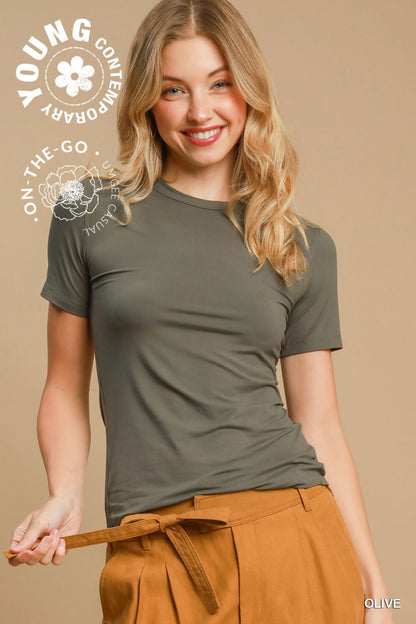Second-Skin Crew Neck Tee in olive green. Available in sizes XS-XL.