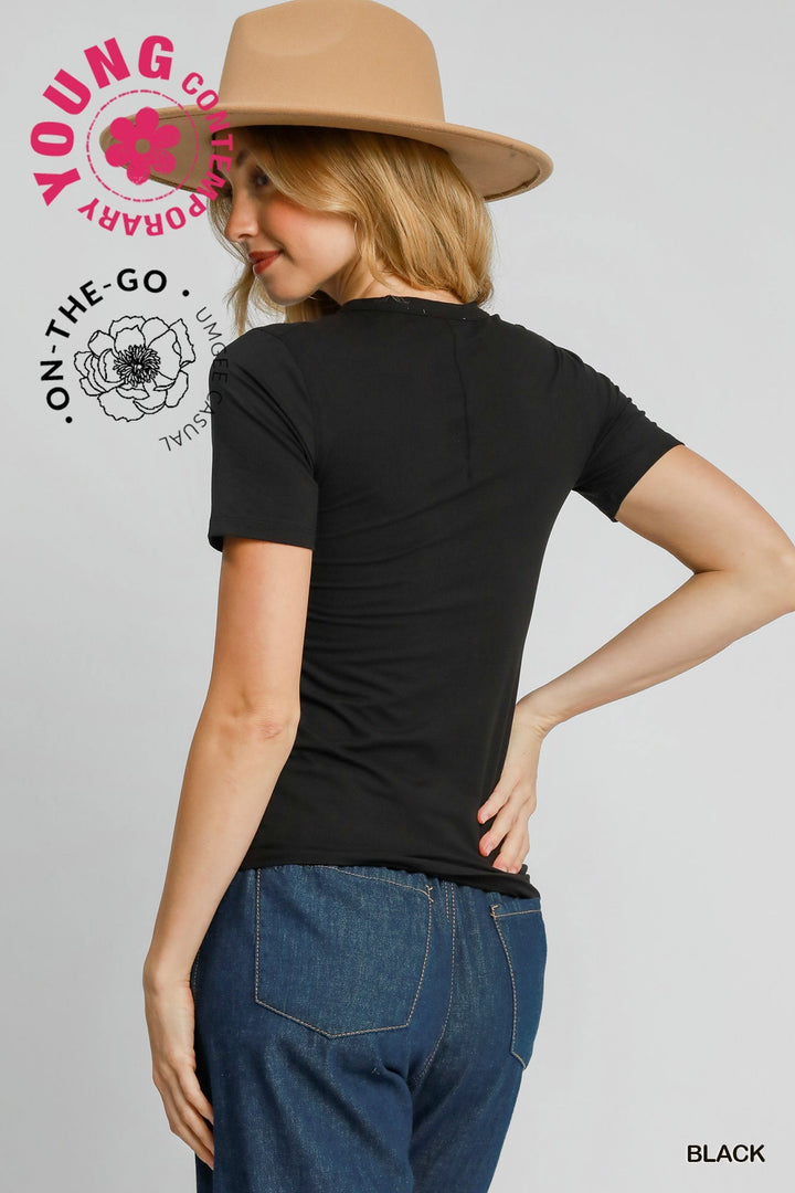 Black Second-Skin Crew Neck Tee, stretchy fabric. Available in sizes XS-XL.