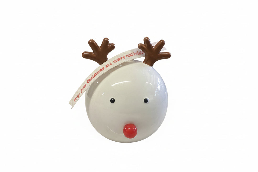 Light Up reindeer ornament with brown antlers, red nose, and ribbon printed with “Hope your Christmas are merry and bright.”.