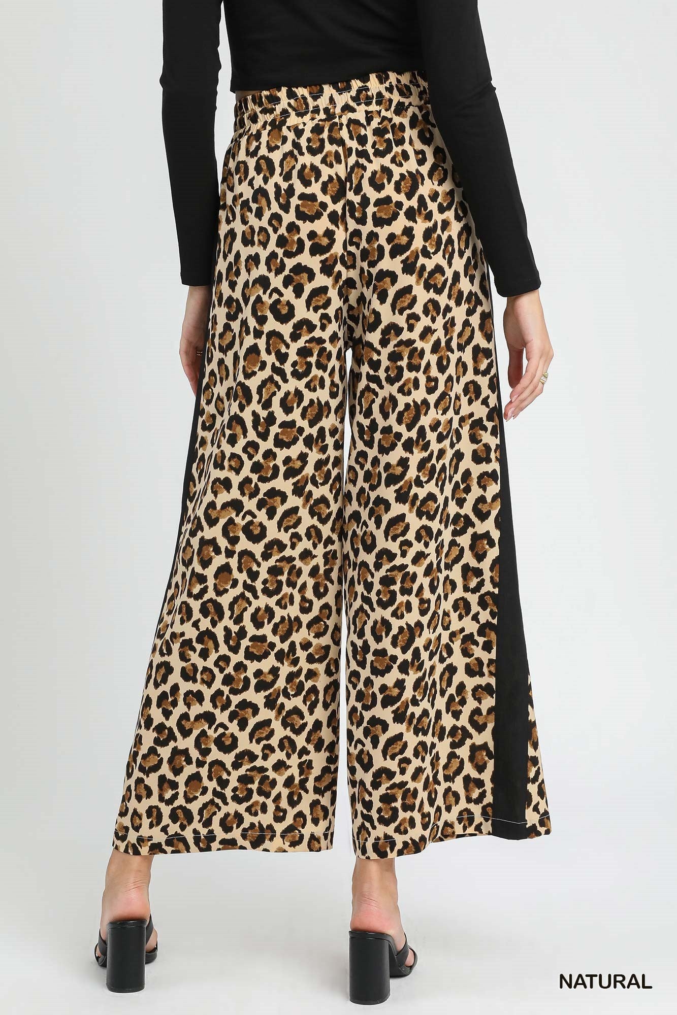 Leopard Print Wide-Leg Drawstring Pants, available in sizes XS–XL.