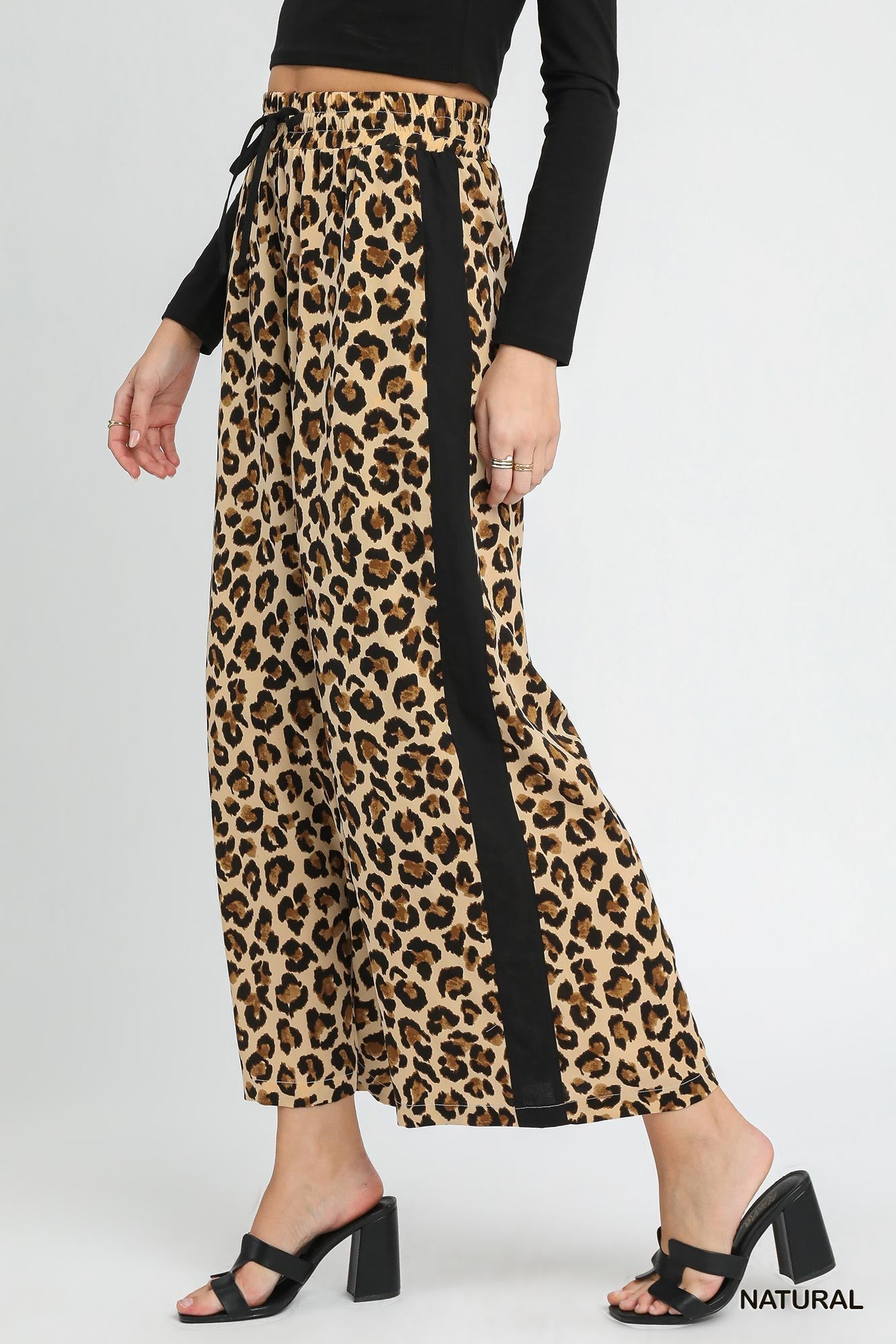 Leopard Print Wide-Leg Drawstring Pants with black side stripe, available in sizes XS-XL.