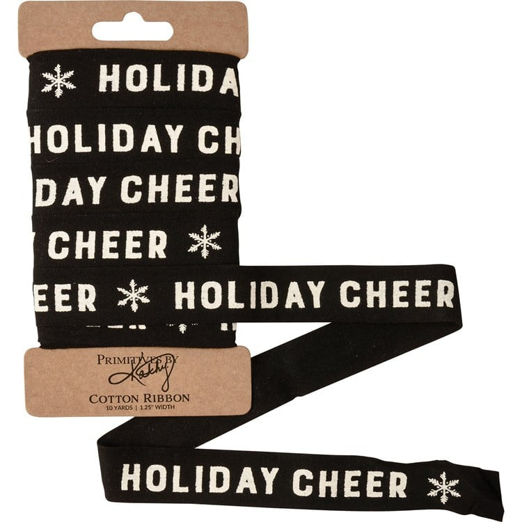 10-yard by 1.25-inch Christmas ribbon spool with white “HOLIDAY CHEER” text and snowflake icons on black.