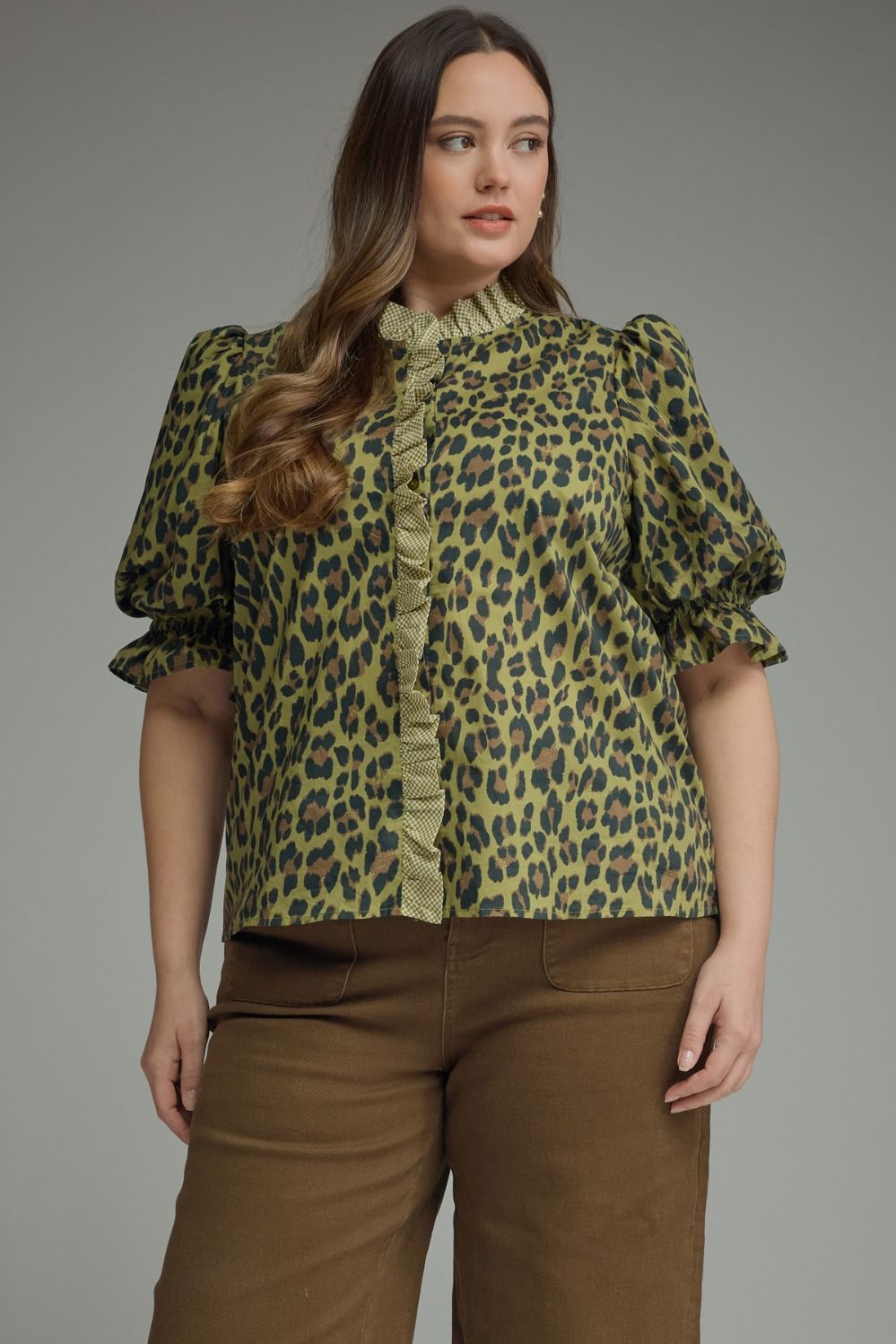 Olive Leopard Puff Sleeve Ruffle Top; available in sizes XS-XL.