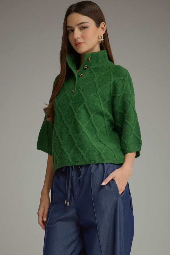 Green diamond-textured knit sweater with a stand collar and button-front placket. Available in sizes XS-XL.